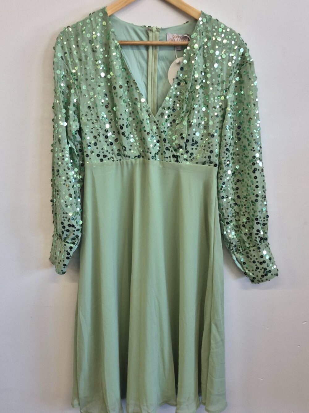 Boohoo Occasion Sage Green Sequin Wrap Midi Skater Dress NWT Size 10